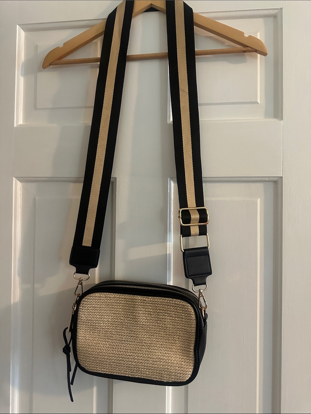 Chico's Black and Beige Woven Crossbody Camera Bag